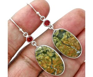 Rhyolite - Rainforest Jasper and Garnet Earrings SDE88735 E-1002, 14x23 mm