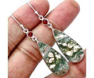 Horse Canyon Moss Agate and Garnet Earrings SDE88785 E-1002, 12x28 mm