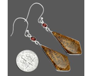 Palm Root Fossil Agate and Garnet Earrings SDE88795 E-1002, 13x29 mm