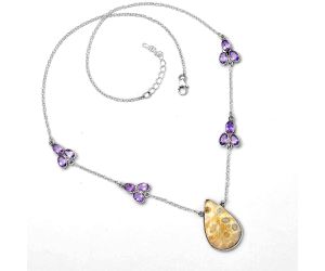 Natural Flower Fossil Coral & Amethyst Necklace SDN1303 N-1004, 17x26 mm