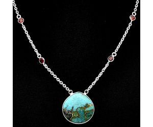 Kingman Copper Teal Turquoise and Garnet Necklace SDN1886 N-1012, 22x22 mm
