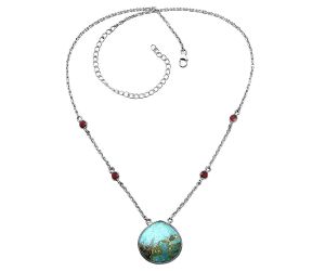 Kingman Copper Teal Turquoise and Garnet Necklace SDN1886 N-1012, 22x22 mm