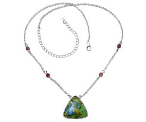 Blue Turquoise In Green Mohave and Garnet Necklace SDN1905 N-1012, 21x21 mm