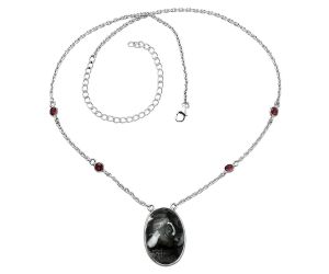Mexican Cabbing Fossil and Garnet Necklace SDN1908 N-1012, 17x25 mm