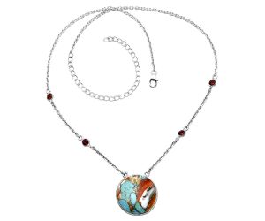 Spiny Oyster Turquoise and Garnet Necklace SDN1909 N-1012, 22x22 mm