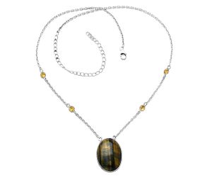 Blue Tiger Eye and Citrine Necklace SDN1916 N-1012, 18x24 mm