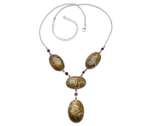Flower Fossil Coral and Garnet Necklace SDN1951 N-1023, 21x31 mm
