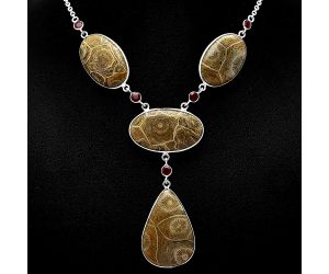 Flower Fossil Coral and Garnet Necklace SDN1955 N-1023, 22x32 mm