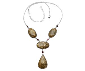 Flower Fossil Coral and Garnet Necklace SDN1955 N-1023, 22x32 mm