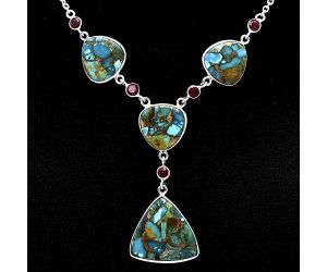 Kingman Copper Teal Turquoise and Garnet Necklace SDN1959 N-1023, 21x21 mm
