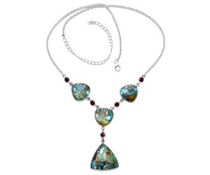 Kingman Copper Teal Turquoise and Garnet Necklace SDN1959 N-1023, 21x21 mm