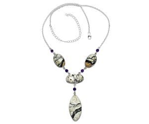 Authentic White Buffalo Turquoise Nevada and Amethyst Necklace SDN1964 N-1023, 16x34 mm