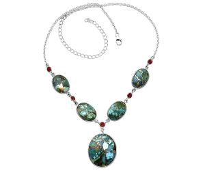 Kingman Copper Teal Turquoise and Garnet Necklace SDN1973 N-1022, 21x25 mm