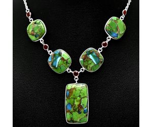 Blue Turquoise In Green Mohave and Garnet Necklace SDN1975 N-1022, 17x30 mm