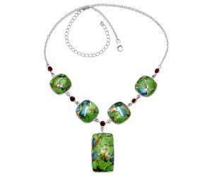 Blue Turquoise In Green Mohave and Garnet Necklace SDN1975 N-1022, 17x30 mm