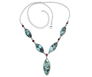 Lucky Charm Tibetan Turquoise and Garnet Necklace SDN1976 N-1022, 13x31 mm