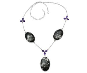 Mexican Cabbing Fossil and Amethyst Necklace SDN1981 N-1021, 21x32 mm