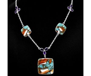 Spiny Oyster Turquoise and Amethyst Necklace SDN1982 N-1021, 25x25 mm