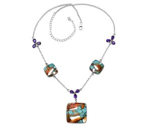 Spiny Oyster Turquoise and Amethyst Necklace SDN1982 N-1021, 25x25 mm