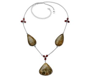 Flower Fossil Coral and Garnet Necklace SDN1993 N-1021, 27x28 mm