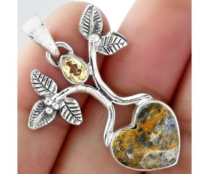 Tree of Life - Heart Indian Blanket Jasper & Citrine Pendant SDP103070 P-1420, 13x14 mm