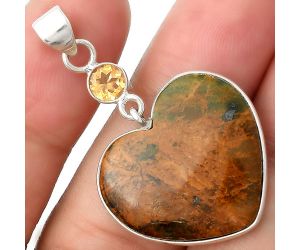 Valentine Gift Heart Turkish Rainforest Chrysocolla & Citrine Pendant SDP105059 P-1098, 22x23 mm