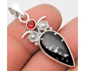 Natural Snow Flake Obsidian & Garnet Pendant SDP109789 P-1695, 10x20 mm