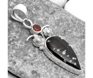 Natural Snow Flake Obsidian & Garnet Pendant SDP109789 P-1695, 10x20 mm