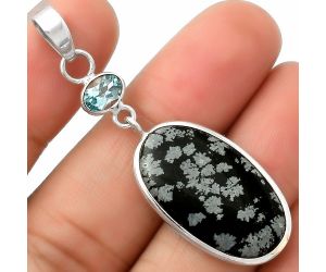 Snow Flake Obsidian & Sky Blue Topaz Pendant SDP115236 P-1098, 14x26 mm