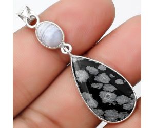 Snow Flake Obsidian & Blue Lace Agate Pendant SDP126331 P-1098, 14x25 mm