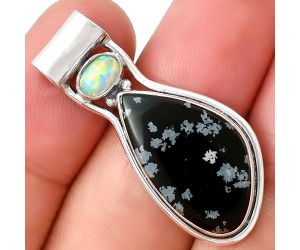 Natural Snow Flake Obsidian & Fire Opal Pendant SDP127898 P-1130, 13x22 mm