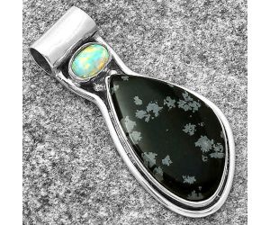 Natural Snow Flake Obsidian & Fire Opal Pendant SDP127898 P-1130, 13x22 mm