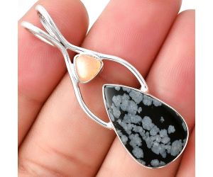 Snow Flake Obsidian & Peach Moonstone Pendant SDP128198 P-1038, 13x22 mm