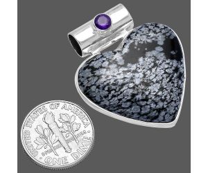 Valentine Gift Heart - Snow Flake Obsidian and Amethyst Pendant SDP145379 P-1300, 25x27 mm