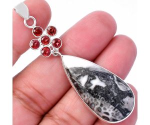 Mexican Cabbing Fossil and Garnet Pendant SDP145740 P-1122, 18x35 mm