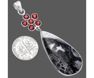 Mexican Cabbing Fossil and Garnet Pendant SDP145740 P-1122, 18x35 mm