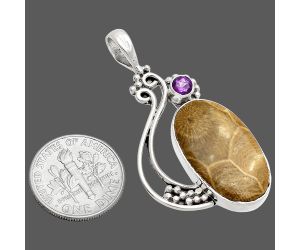 Flower Fossil Coral and Amethyst Pendant SDP148762 P-1573, 13x23 mm