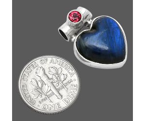 Heart - Heart - Blue Fire Labradorite and Garnet Pendant SDP152255 P-1300, 15x15 mm