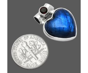 Heart - Blue Fire Labradorite and Garnet Pendant SDP152256 P-1300, 15x15 mm