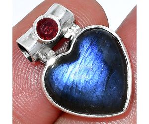 Heart - Blue Fire Labradorite and Garnet Pendant SDP152259 P-1300, 15x15 mm