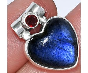 Heart - Blue Fire Labradorite and Garnet Pendant SDP152264 P-1300, 15x15 mm