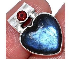 Heart - Blue Fire Labradorite and Garnet Pendant SDP152265 P-1300, 15x15 mm