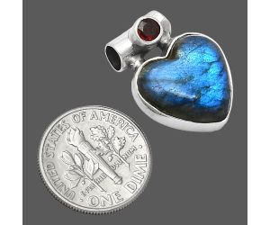 Heart - Blue Fire Labradorite and Garnet Pendant SDP152267 P-1300, 15x15 mm