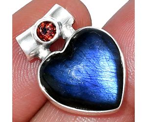 Heart - Blue Fire Labradorite and Garnet Pendant SDP152274 P-1300, 15x15 mm