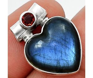 Heart - Blue Fire Labradorite and Garnet Pendant SDP152277 P-1300, 15x15 mm