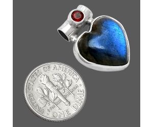 Heart - Blue Fire Labradorite and Garnet Pendant SDP152279 P-1300, 15x15 mm