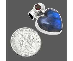 Heart - Blue Fire Labradorite and Garnet Pendant SDP152284 P-1300, 15x15 mm