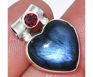 Heart - Blue Fire Labradorite and Garnet Pendant SDP152285 P-1300, 15x15 mm