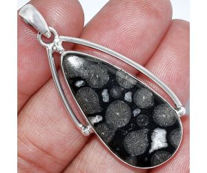 Black Flower Fossil Coral Pendant SDP152356 P-1566, 17x34 mm