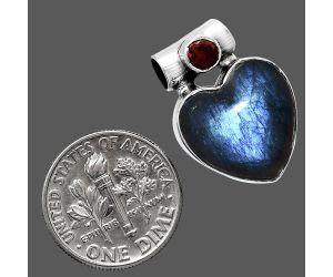 Heart - Blue Fire Labradorite and Garnet Pendant SDP152602 P-1300, 15x15 mm